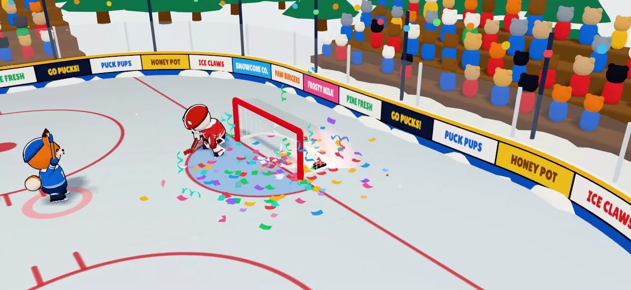 Puck Pups Hockey: a fox skater celebrates a goal as confetti bursts around the net.