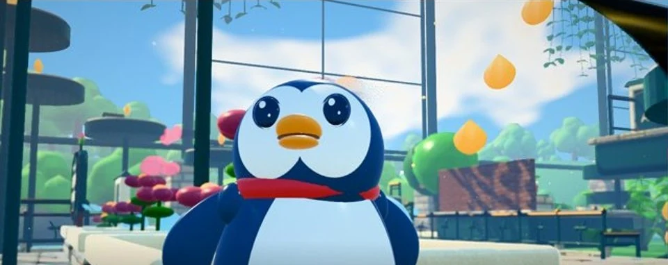 Pengi arrives in Bellows Orchard, a huge sunny greenhouse full of oversized plants.