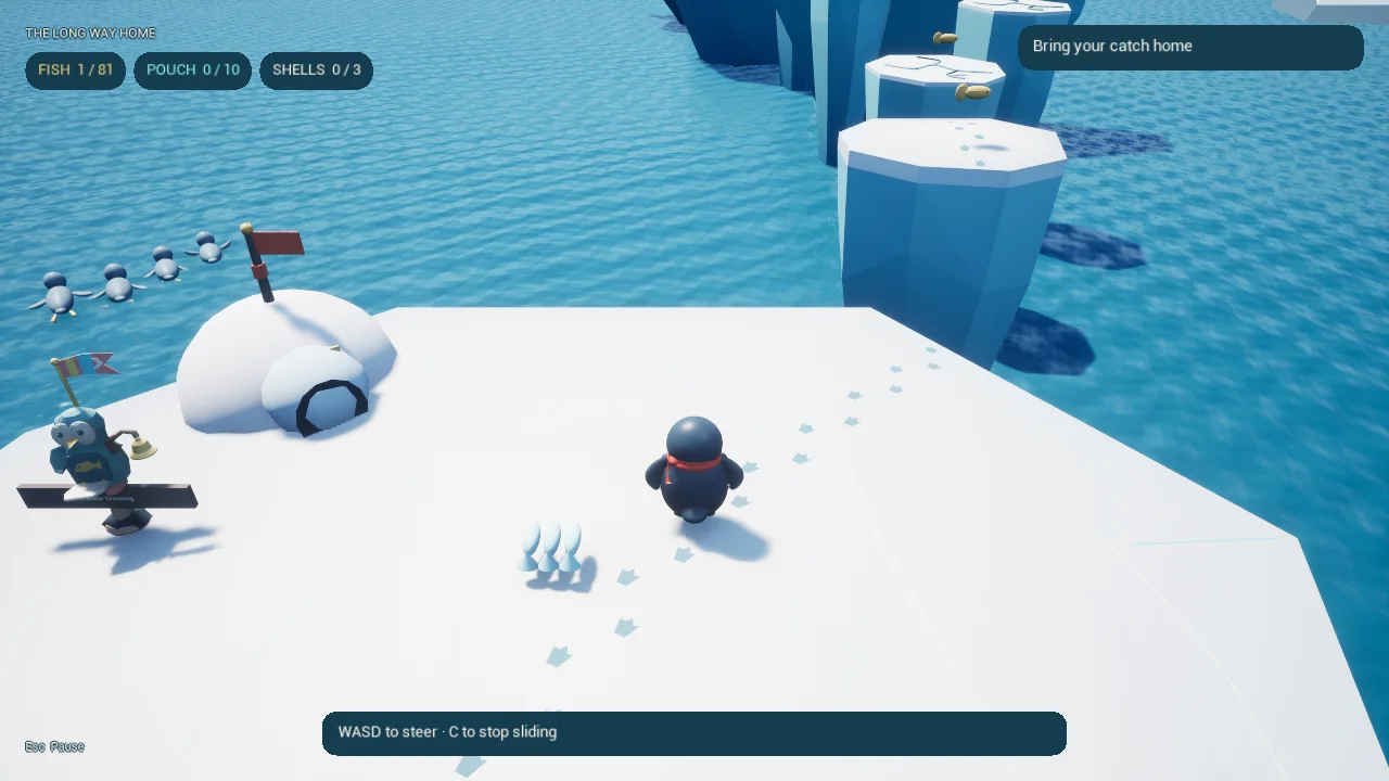 In-engine gameplay: Pengi crosses a snowy ice shelf by the sea, with a fish counter and sliding controls on screen.