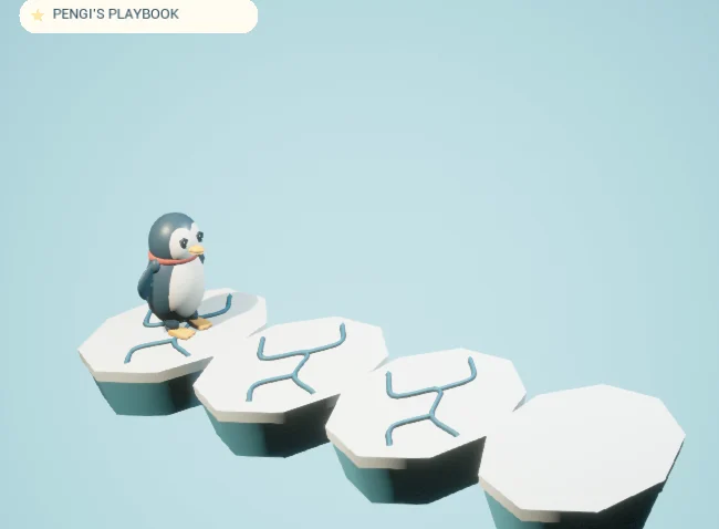 Pengi's Playbook: Pengi hops across a row of cracked ice floes in a tutorial scene.