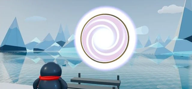 A swirling white portal opens over icy water in front of Pengi.