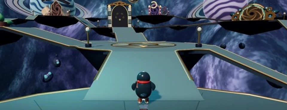 Pengi stands on a curved walkway in the Threadway, a starry hub of floating islands and giant lost belongings.