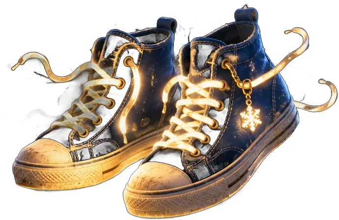 Lacey, a pair of navy canvas high-top sneakers with glowing gold laces and a snowflake charm.